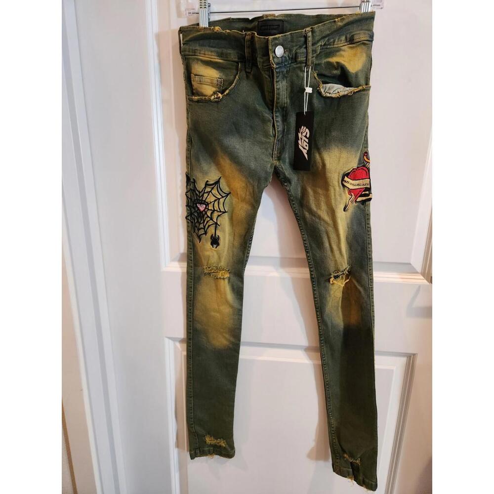 Y2K Goth Embellished Ricchezza Forever Heart Soleboy Acid Washed Jeans Sz 30